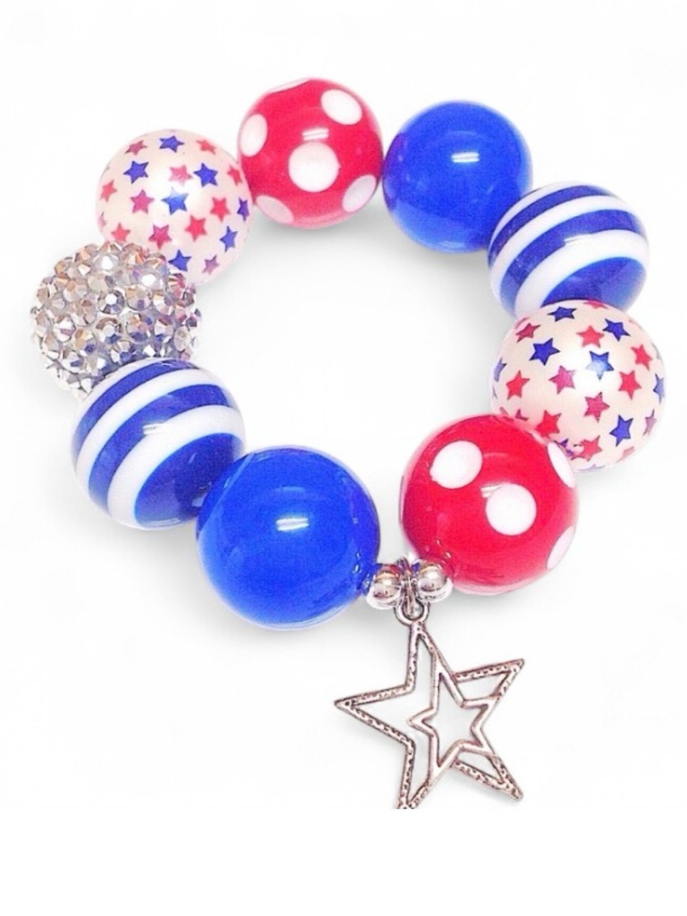 Girls Red White Blue Patriotic Stretch Bracelet Star Charm Beaded USA